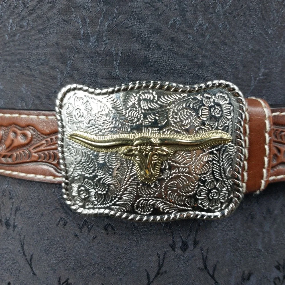 Western Tooled Leather Belt Youth L 28/30 Brown Square Silver Steer Buckle